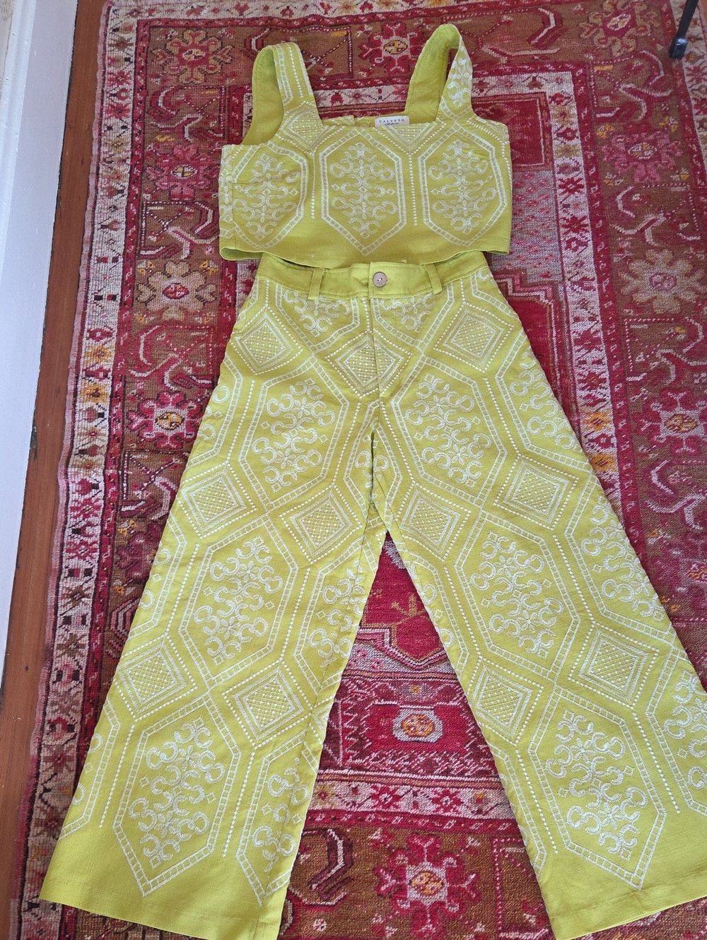 Calypso St. Barth Lime Green Printed Wide Leg Pants Set M